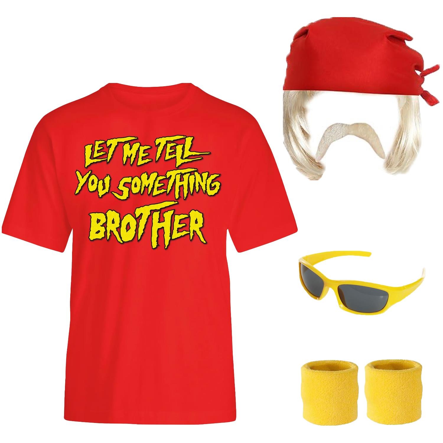 Adults Hulk Hogan Costume | 6 Pcs | T-Shirt, Wig, Bandana, Moustache, Glasses & Sweatbands