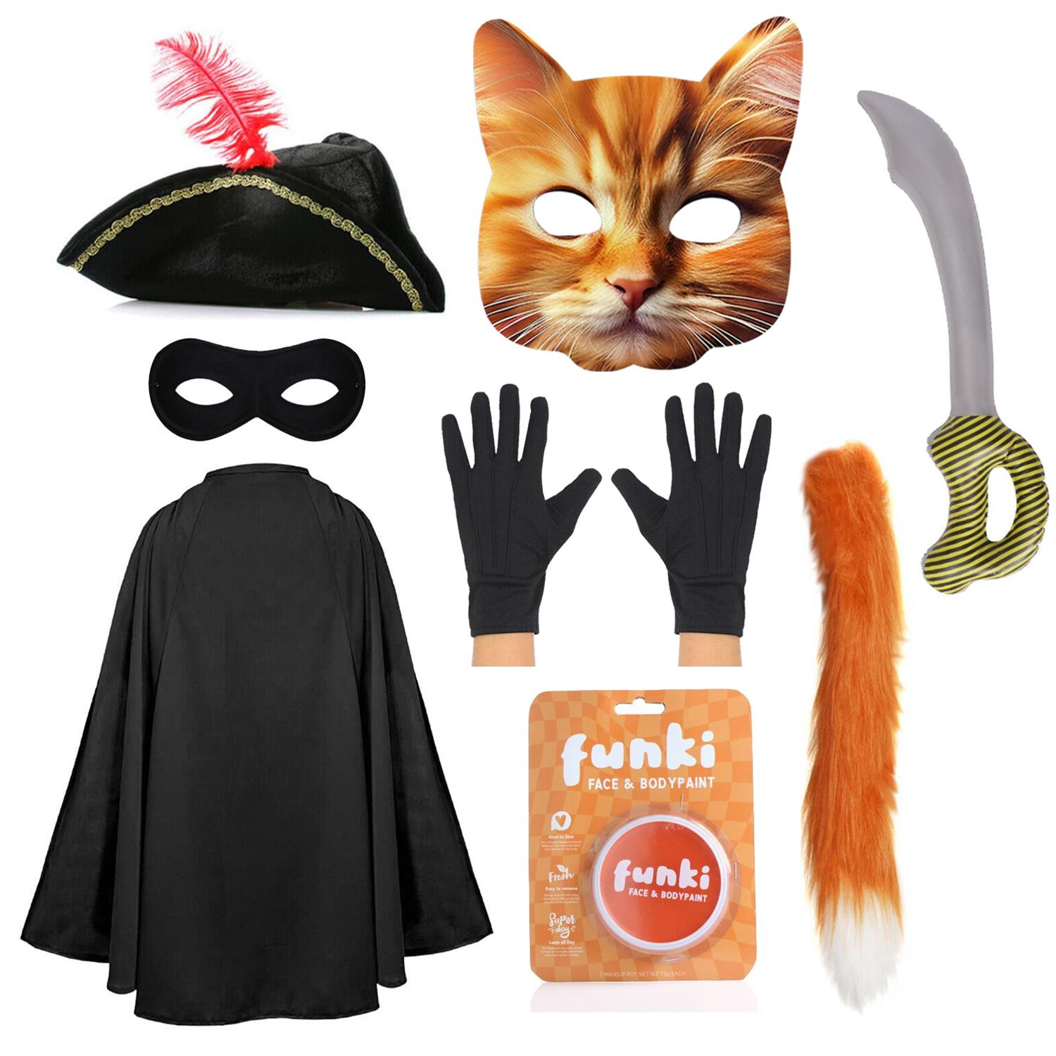 Child's Deluxe Cat Bandit Costume | 8 Pcs | Cape, Hat, Black Mask, Cat Mask, Gloves, Inflatable Sword, Thin Tail & Orange Face Paint