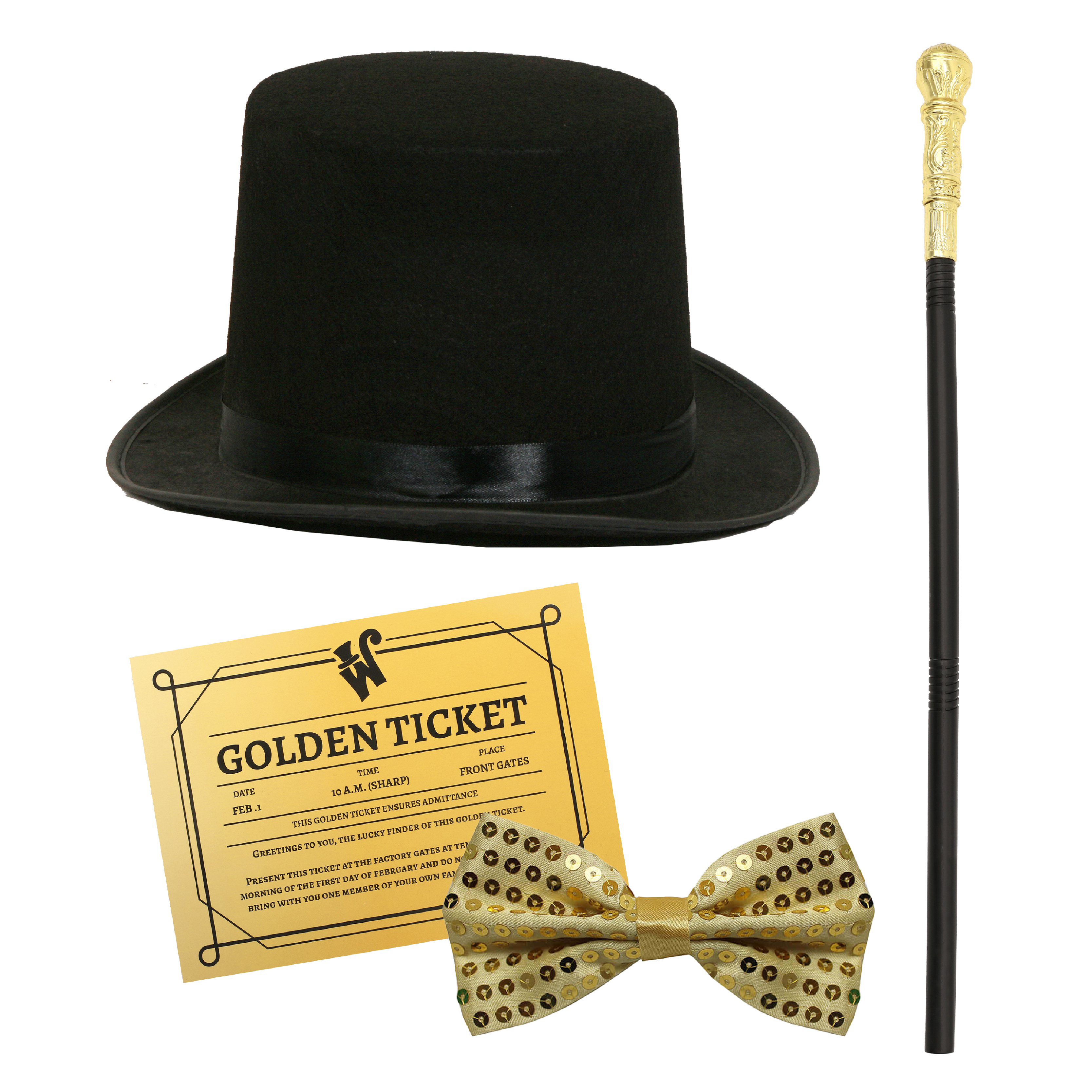 Chocolate Factory Boss Set - Top Hat, Bow Tie, Cane & Golden Ticket
