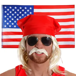 1980's Wrestler Accessory Set (Flag, Red Bandana, Blonde Moustache & Blonde Bob Wig)