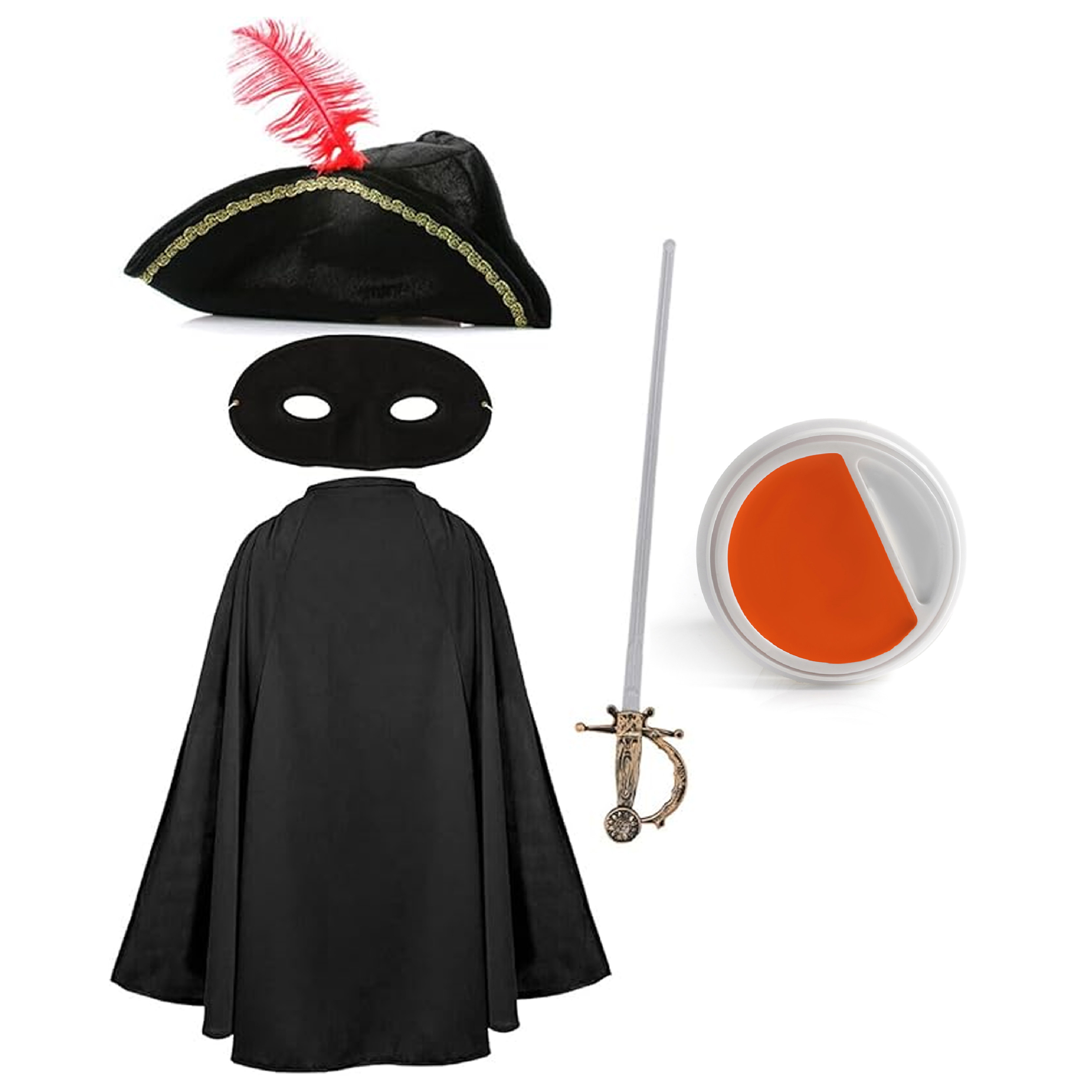 Child's Cat Bandit Costume | 5 Pcs | Cape, Hat, Black Mask, Sword, Orange & White Face Paint