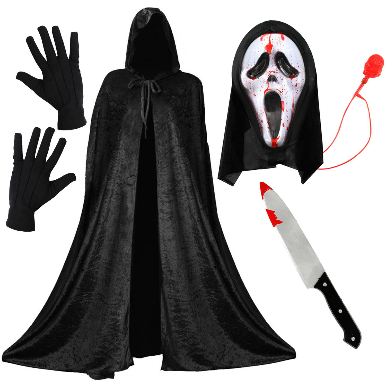 Adults Screamer Costume Set - Cape, Blood Pump Mask, Knife Prop & Gloves