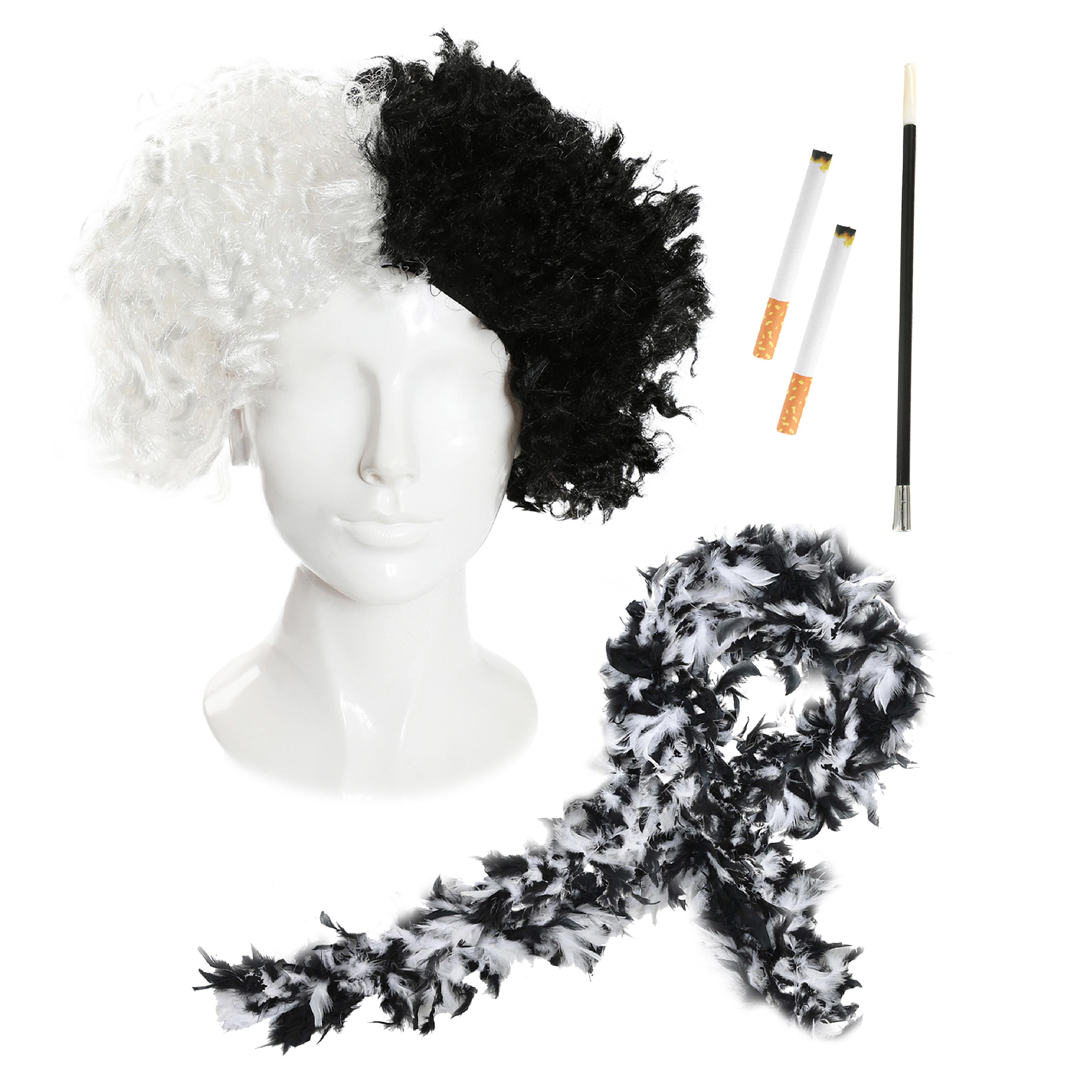 Evil Dog Lady Accessory Set - Crimped Wig, Feather Boa & Fake Cigarettes