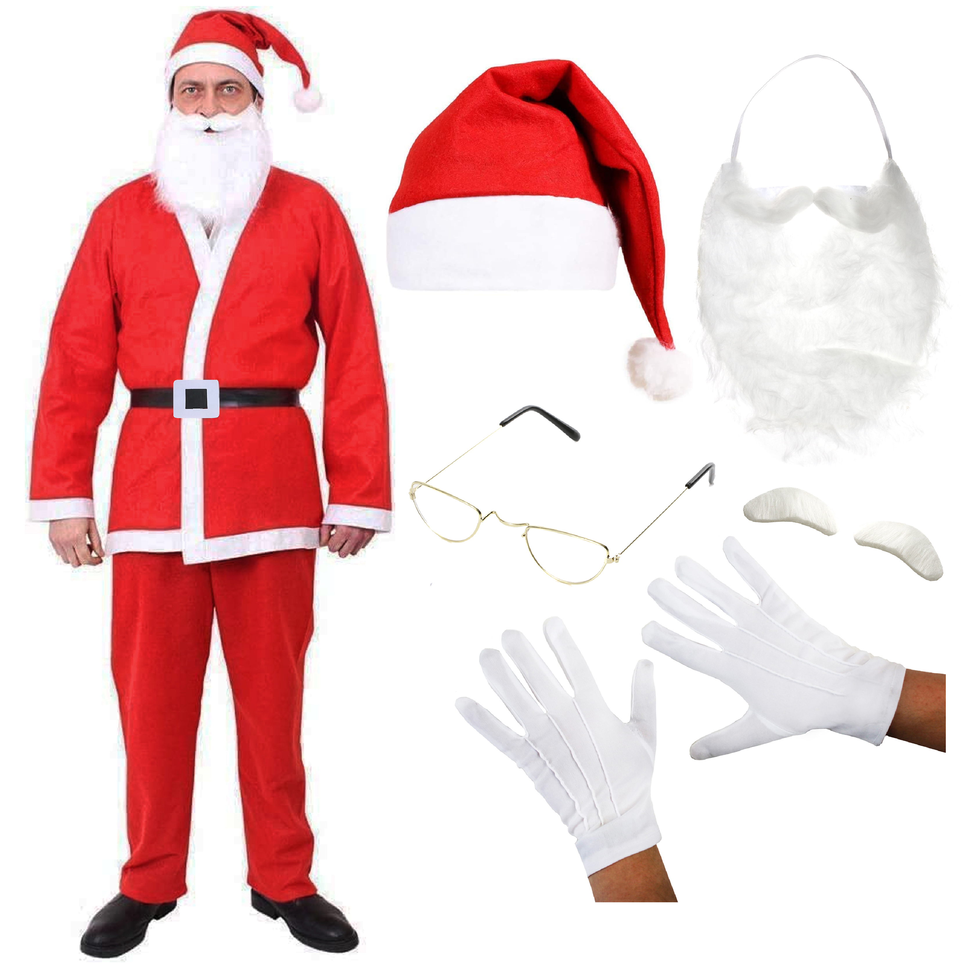 5 Piece Budget Santa Costume - with Glasses, Gloves & Eyebrows