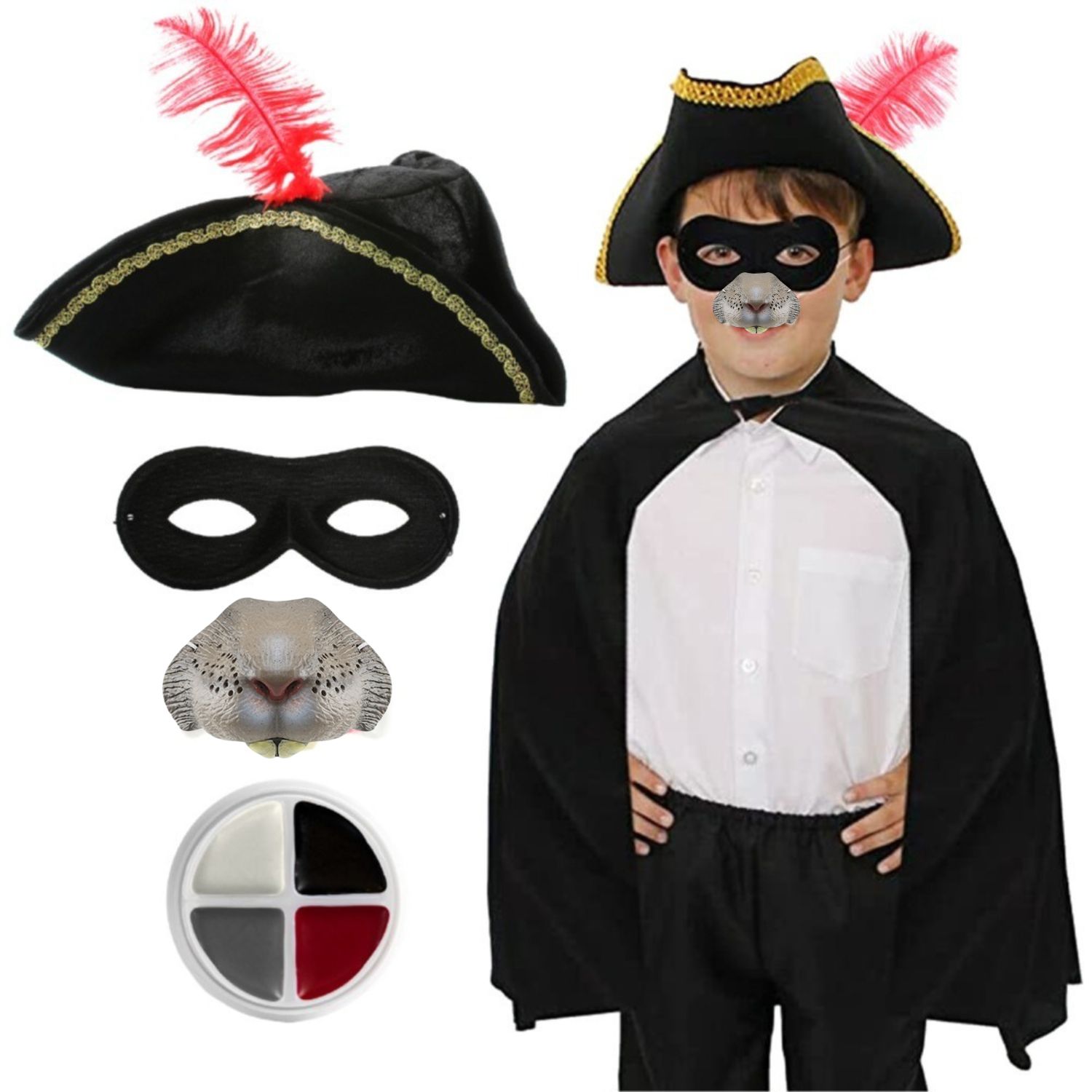 Childs Highway Rodent Costume | 5 Pcs | Cape, Feather Tricorn Hat, Nose, Mask & Face Paint