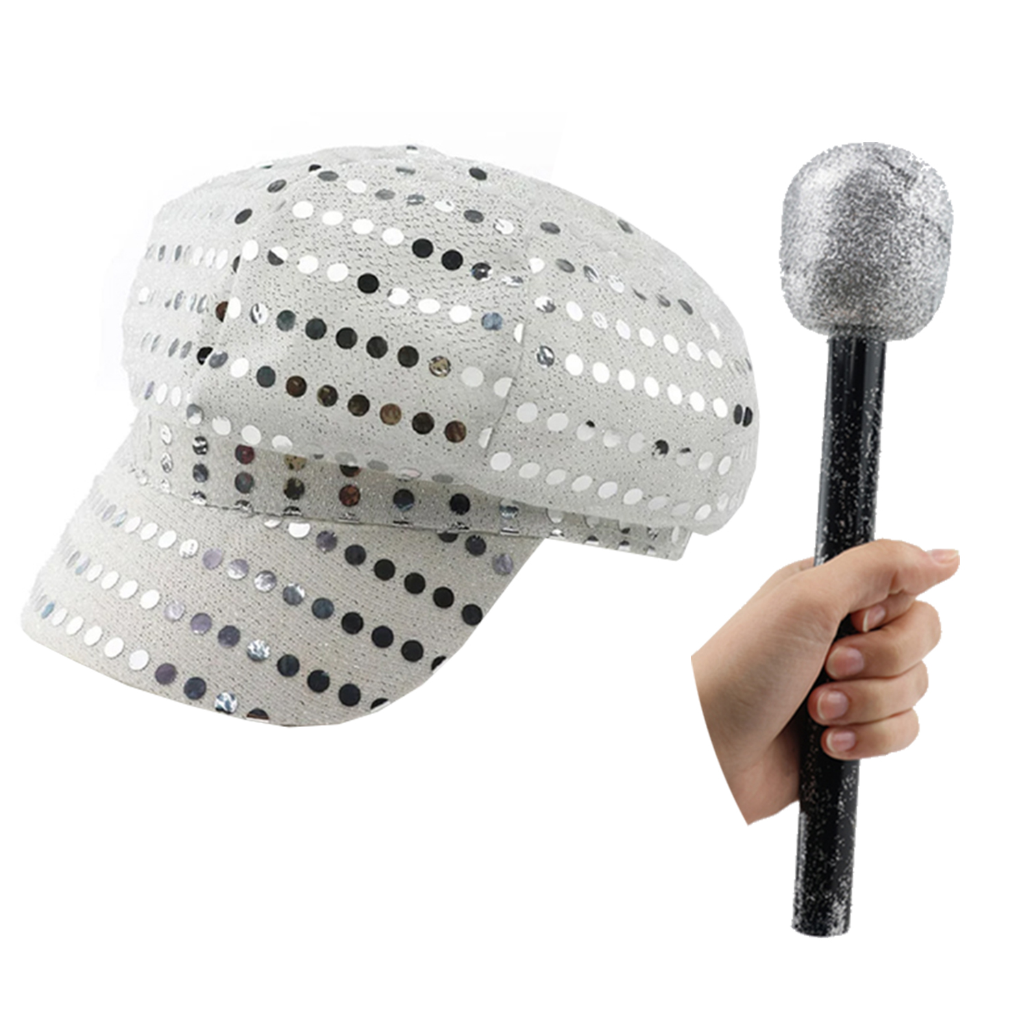 Eurovision 70's Disco Costume Accessory Set – Silver Sequin Hat & Inflatable Microphone for Music Parties & Fancy Dress