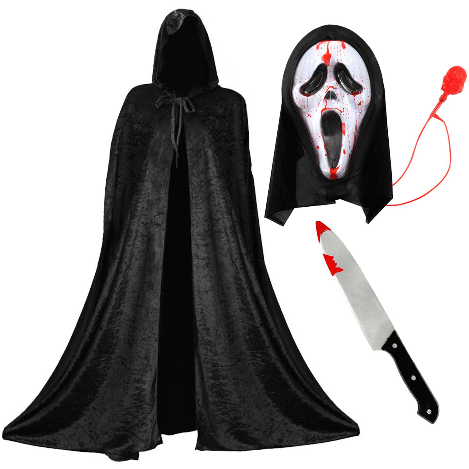 Adults Screamer Costume Set - Cape, Blood Pump Mask & Knife Prop