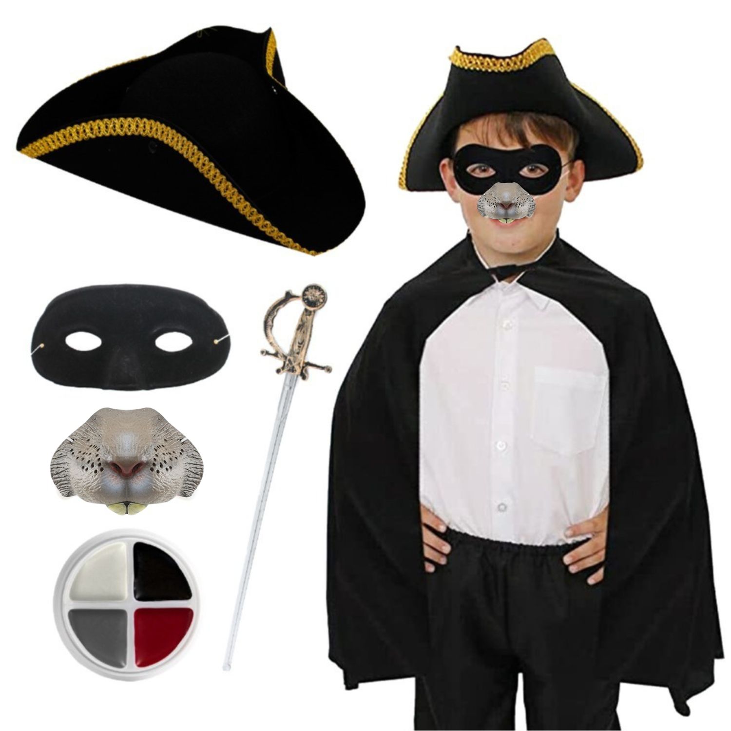 Childs Highway Rodent Costume | 6 Pcs | Cape, Gold Trim Tricorn Hat, Nose, Mask, Sword & Face Paint