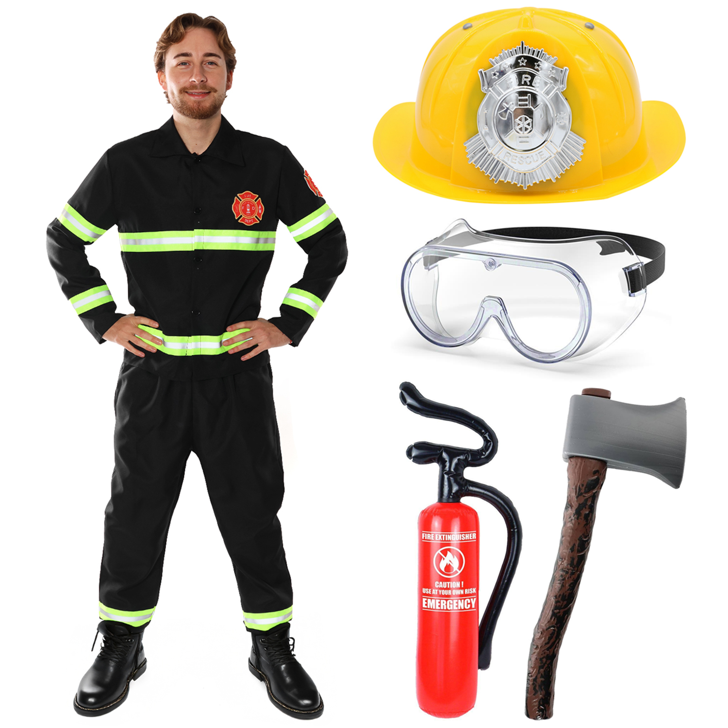 Adults Fireman Costume | 6 Pcs | Top, Trousers, Hat, Axe, Goggles & Inflatable Fire Extinguisher
