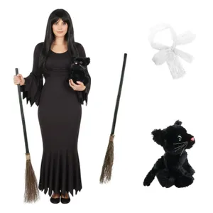 Ladies Hooky Witch Costume | 4 Pcs | Dress, Broom, Cat Toy & Hair Bow