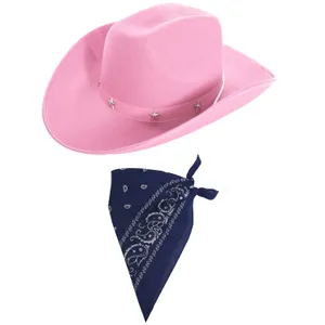 Pink Star Studded Cowboy Hat & Navy Blue Paisley Bandana