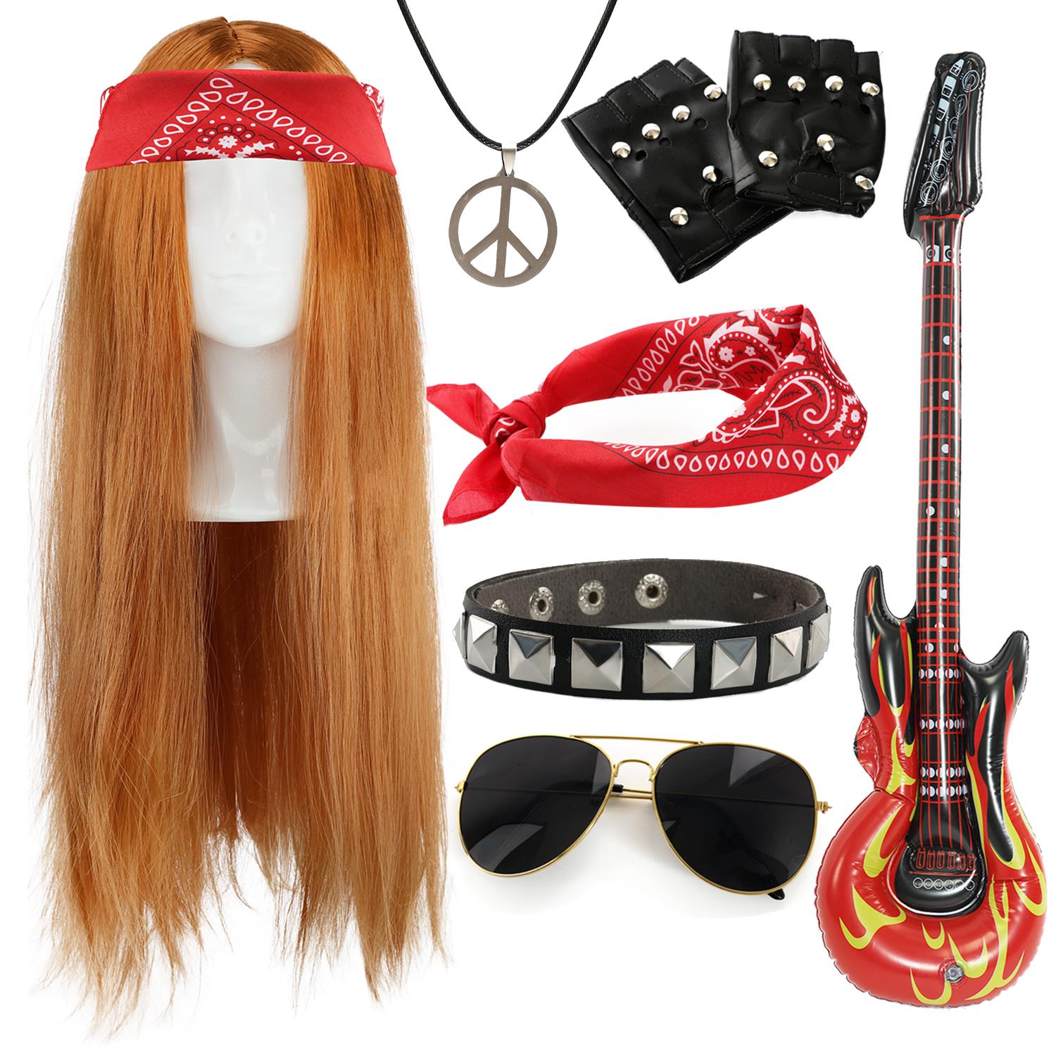 Axl Rose Inspired Accessory Set | 7 Pcs | Ginger Wig, Red Paisley Bandana, Gloves, Necklace, Inflatable Guitar, Glasses & Arm Band