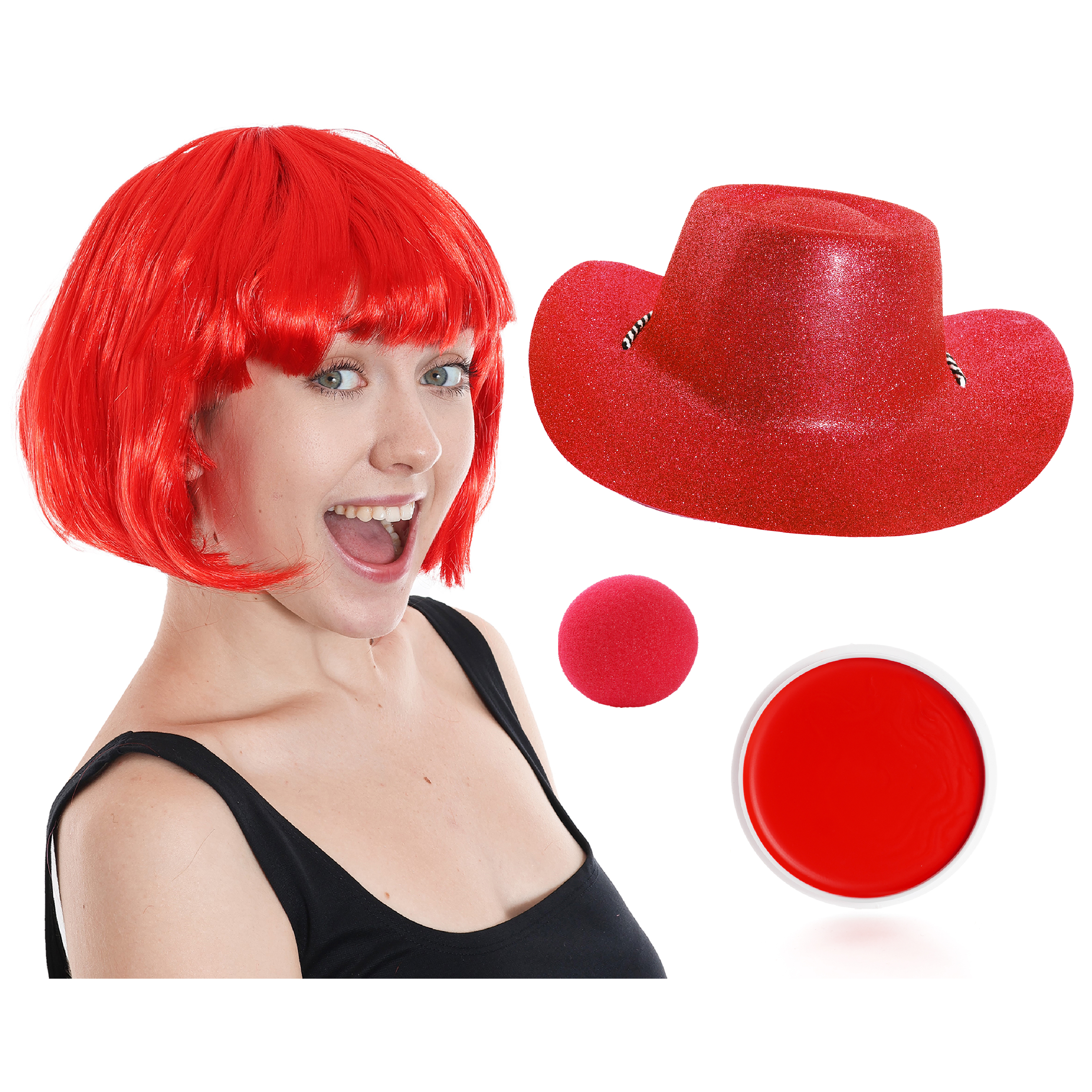 Red Nose, Glitter Cowboy Hat, Bob Wig & Face Paint