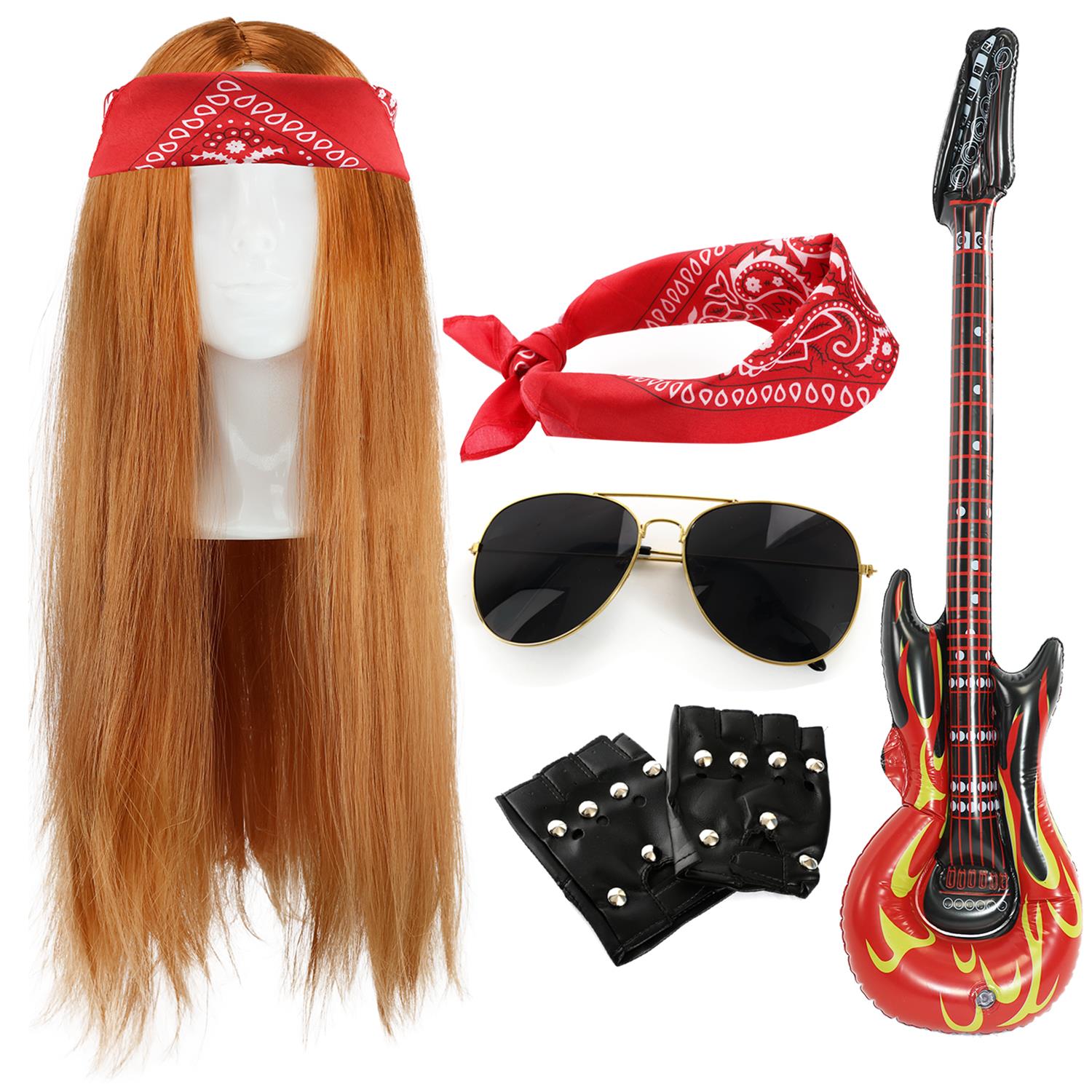 Axl Rose Inspired Accessory Set | 5 Pcs | Ginger Wig, Red Paisley Bandana, Gloves, Inflatable Guitar & Glasses