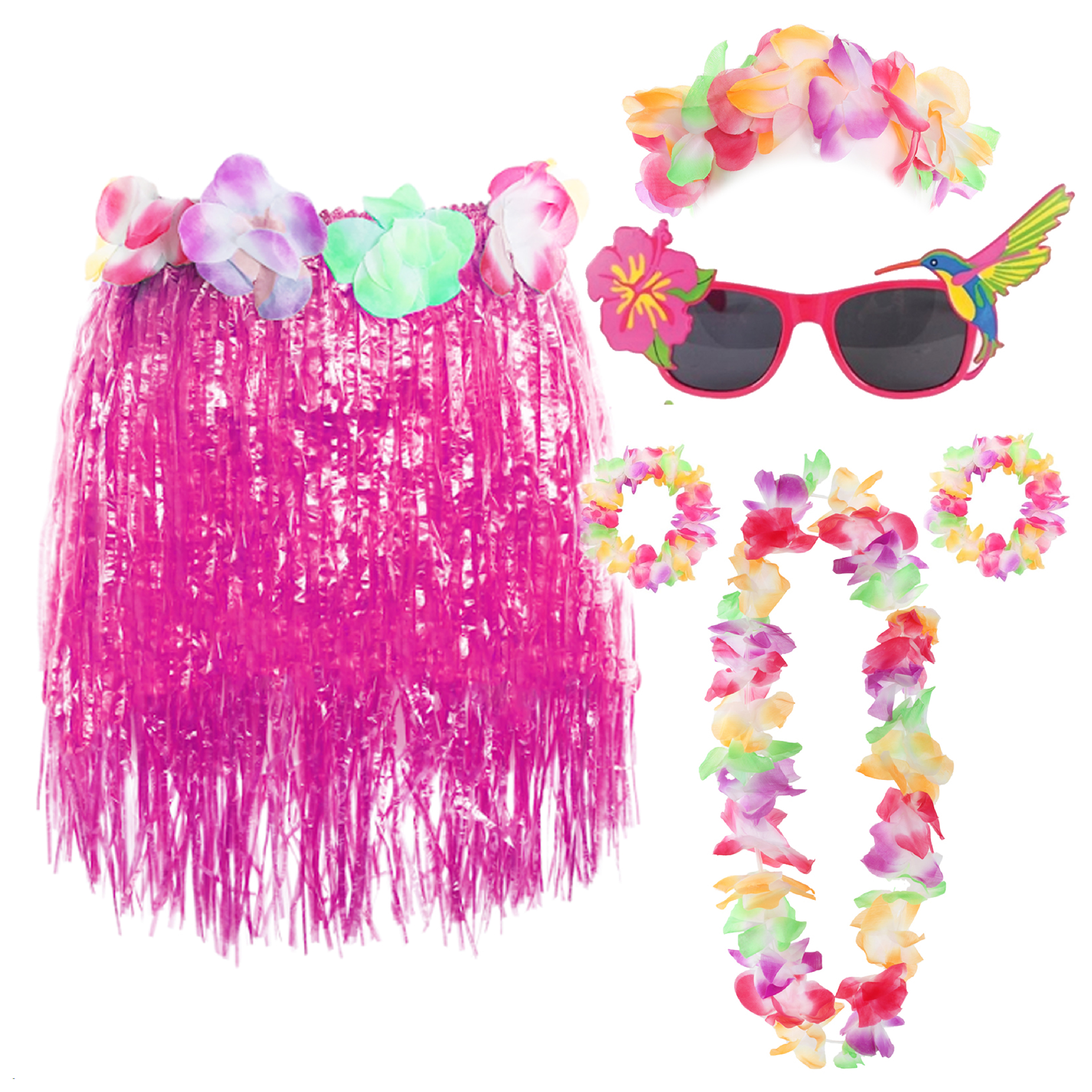 Pink Hula Skirt with Flower Lei & Glasses Set