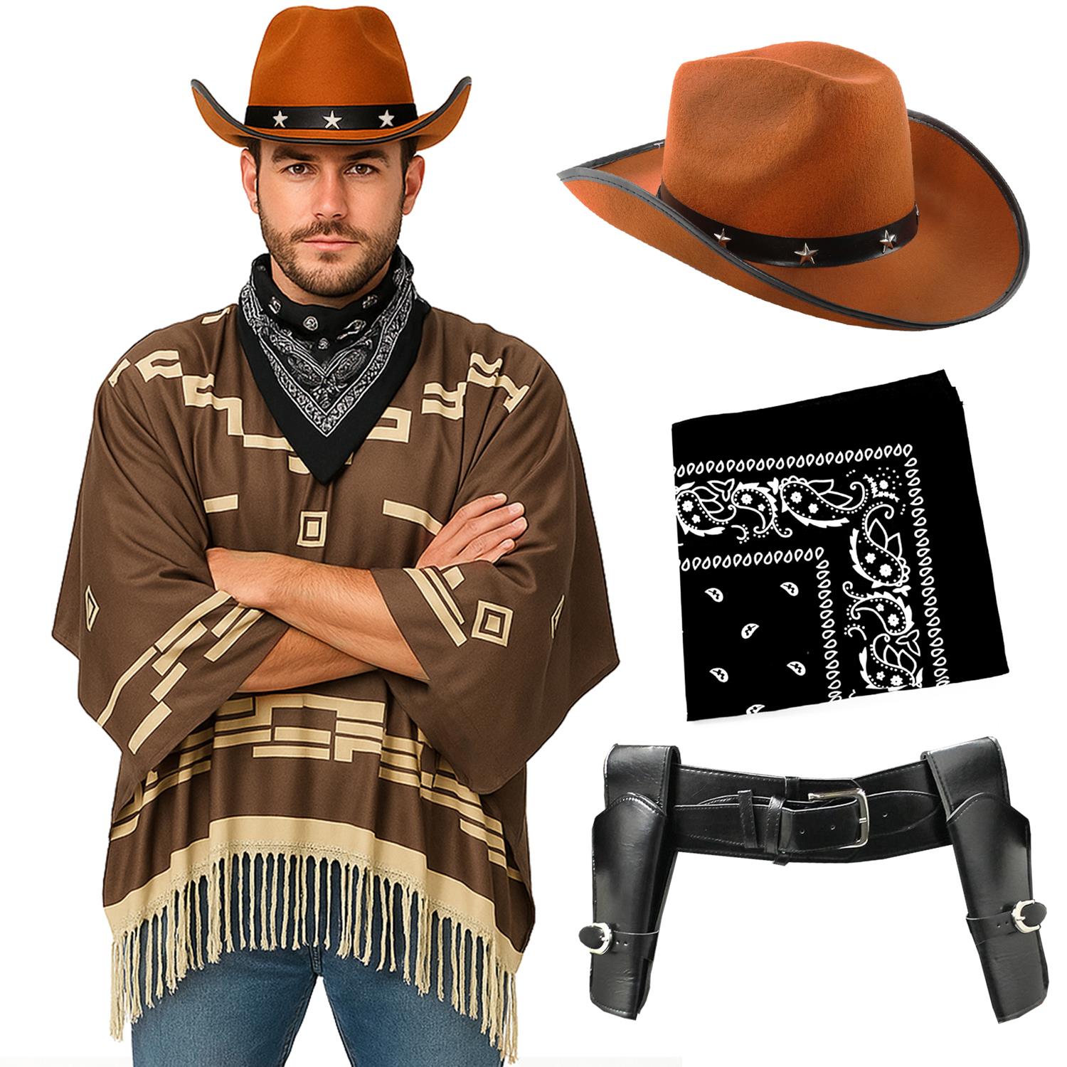 Adults Wild Western Costume | 4 Pcs | Brown Poncho, Black Bandana, Holster & Brown Star Studded Cowboy Hat