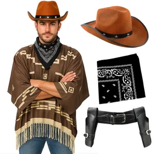 Adults Wild Western Costume | 4 Pcs | Brown Poncho, Black Bandana, Holster & Brown Star Studded Cowboy Hat