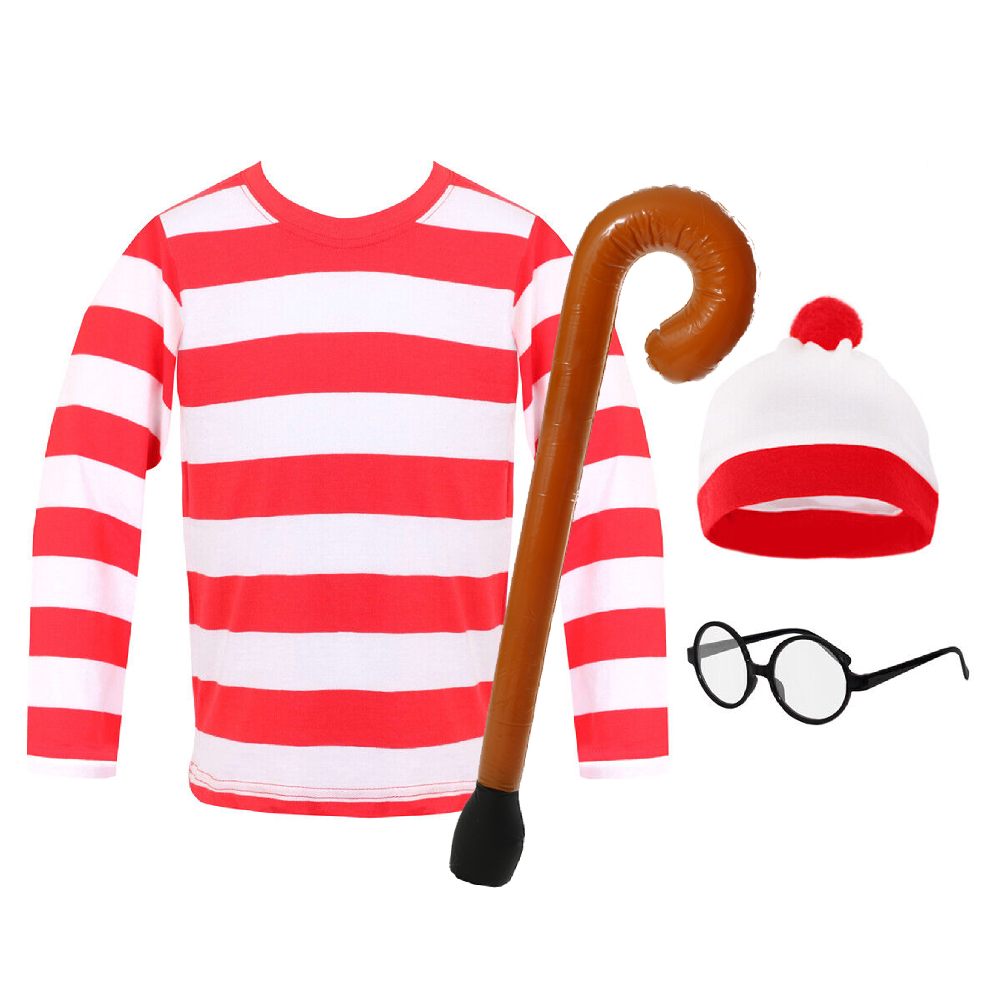 Childs Find Me Costume - Long Sleeve Top, Bobble Hat, Round Glasses & Inflatable Walking Stick