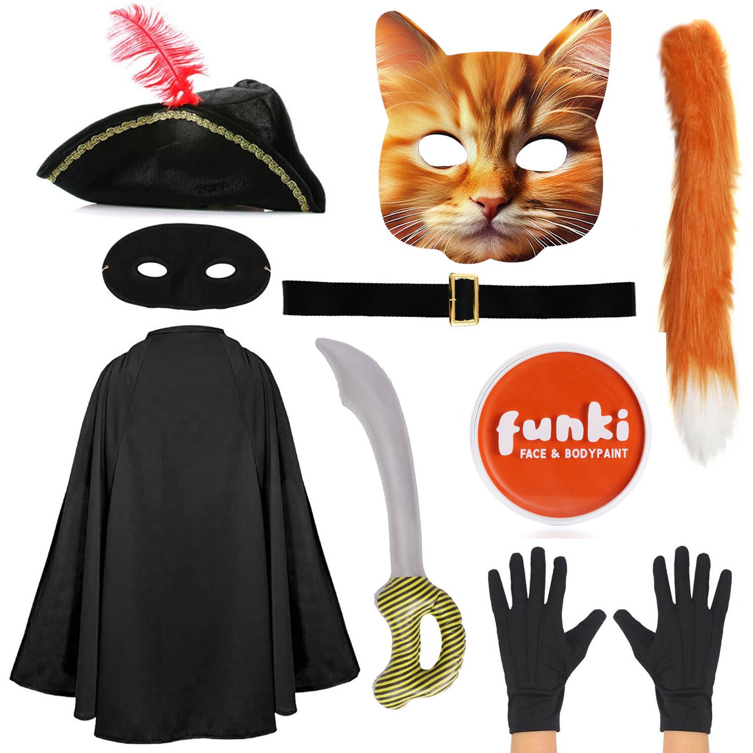 Adults Deluxe Cat Bandit Costume | 9 Pcs | Cape, Hat, Black Mask, Cat Mask, Belt, Gloves, Sword, Thin Tail & Orange Face Paint