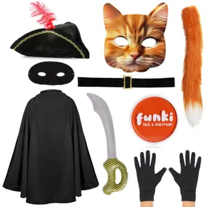 Adults Deluxe Cat Bandit Costume | 9 Pcs | Cape, Hat, Black Mask, Cat Mask, Belt, Gloves, Sword, Thin Tail & Orange Face Paint