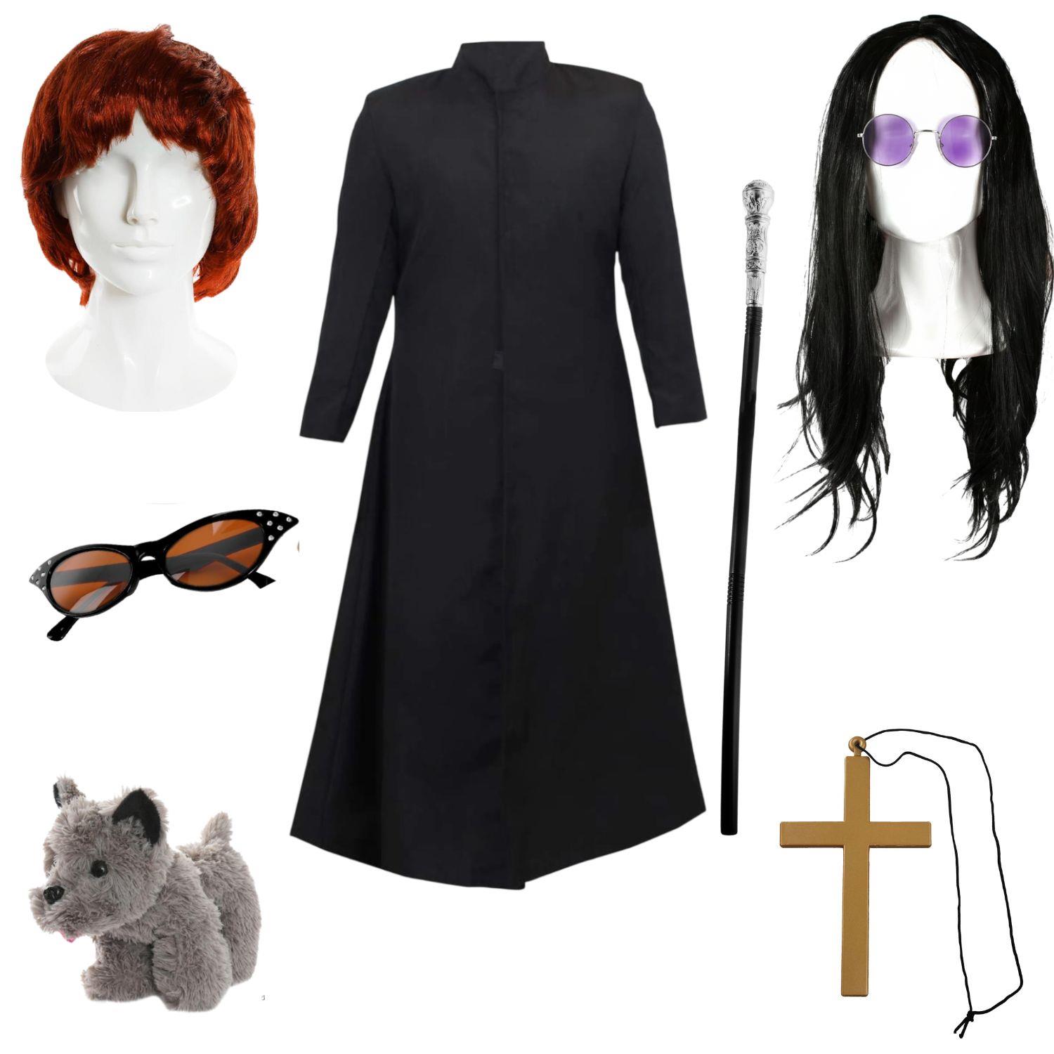 Osbourne Couple Costume Set | 8 Pcs | Duster Jacket, Cane, Wigs, Glasses, Necklace & Toy Dog