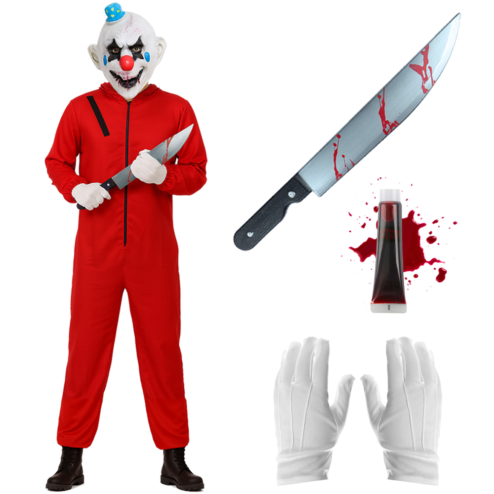 Adults Horror Clown Costume | 5 Pcs | Red Jumpsuit, Stitched Mask, Blood, Gloves & Machete