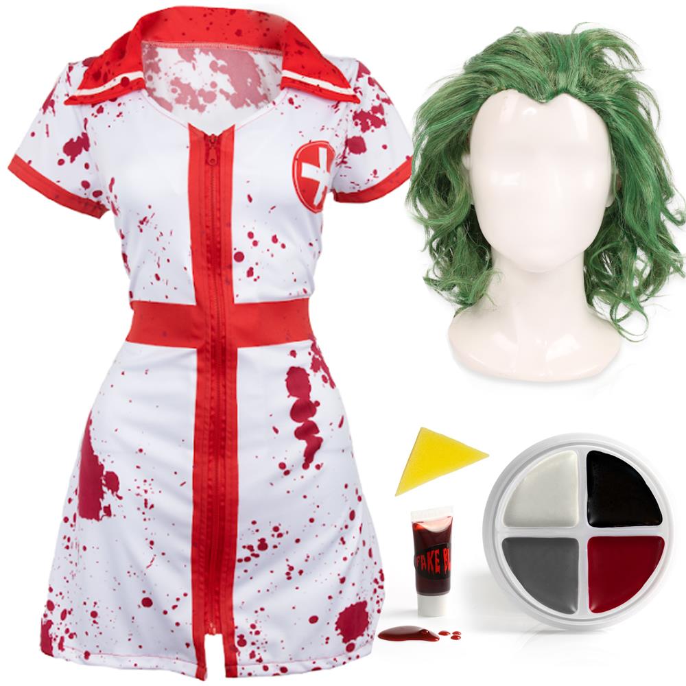 Adults Laughing Man Nurse Costume - Bloody Dress, Wig & Face Paint