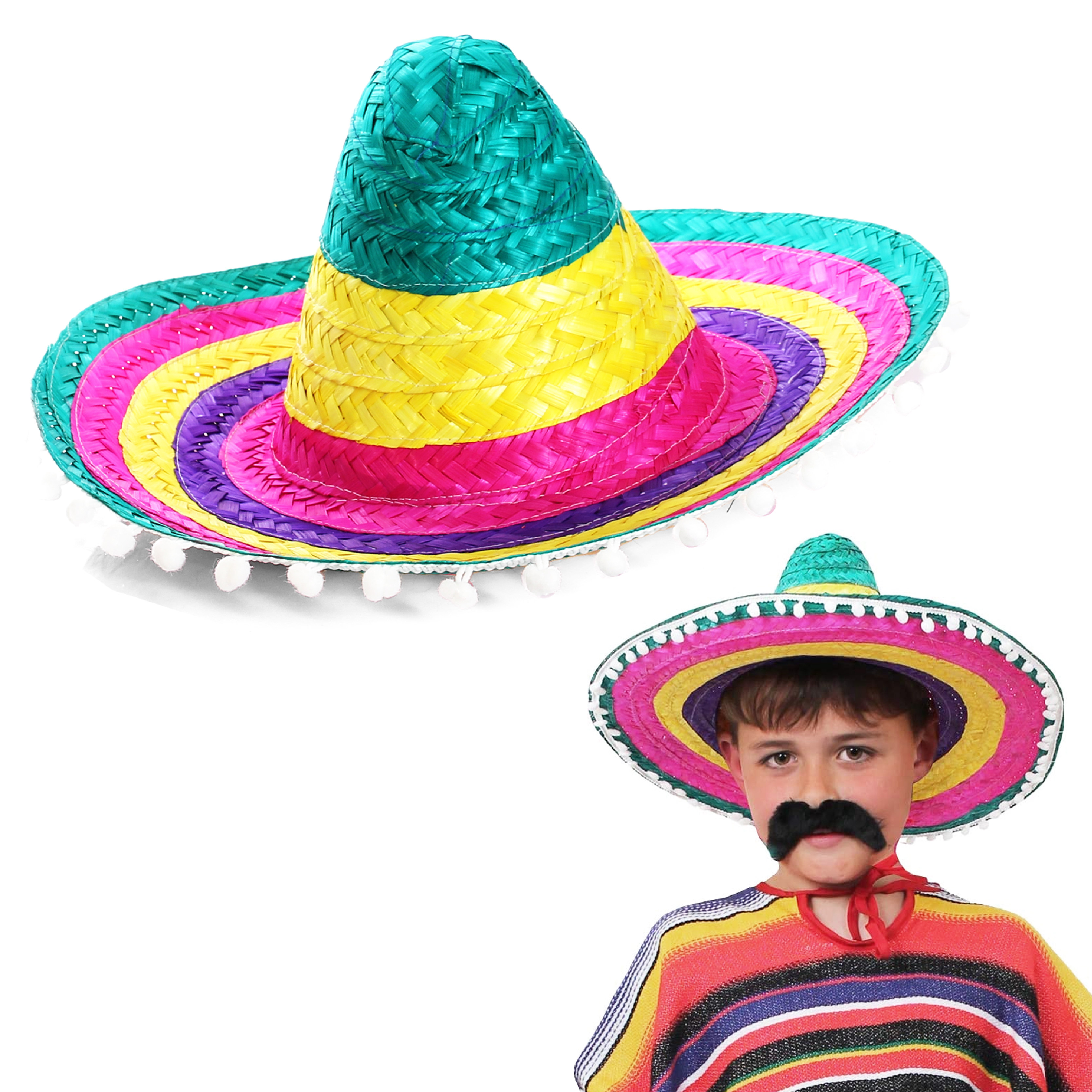 Kids Multicolour Mexican Sombrero with Pom Pom Edging
