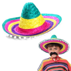 Kids Multicolour Mexican Sombrero with Pom Pom Edging