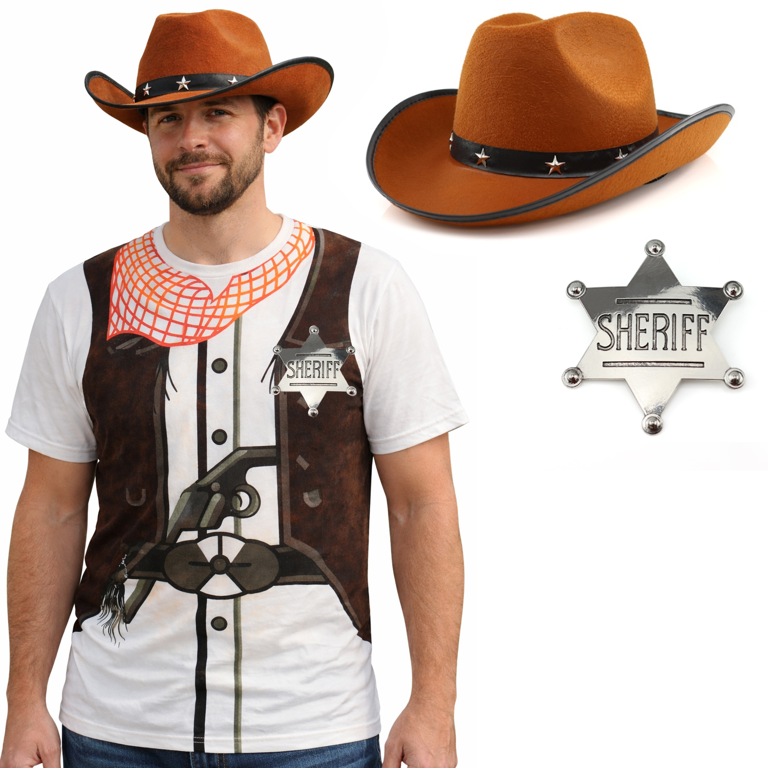 Adults Cowboy Costume | 3 Pcs | T-Shirt, Brown Cowboy Hat & Silver Badge