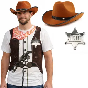 Adults Cowboy Costume | 3 Pcs | T-Shirt, Brown Cowboy Hat & Silver Badge