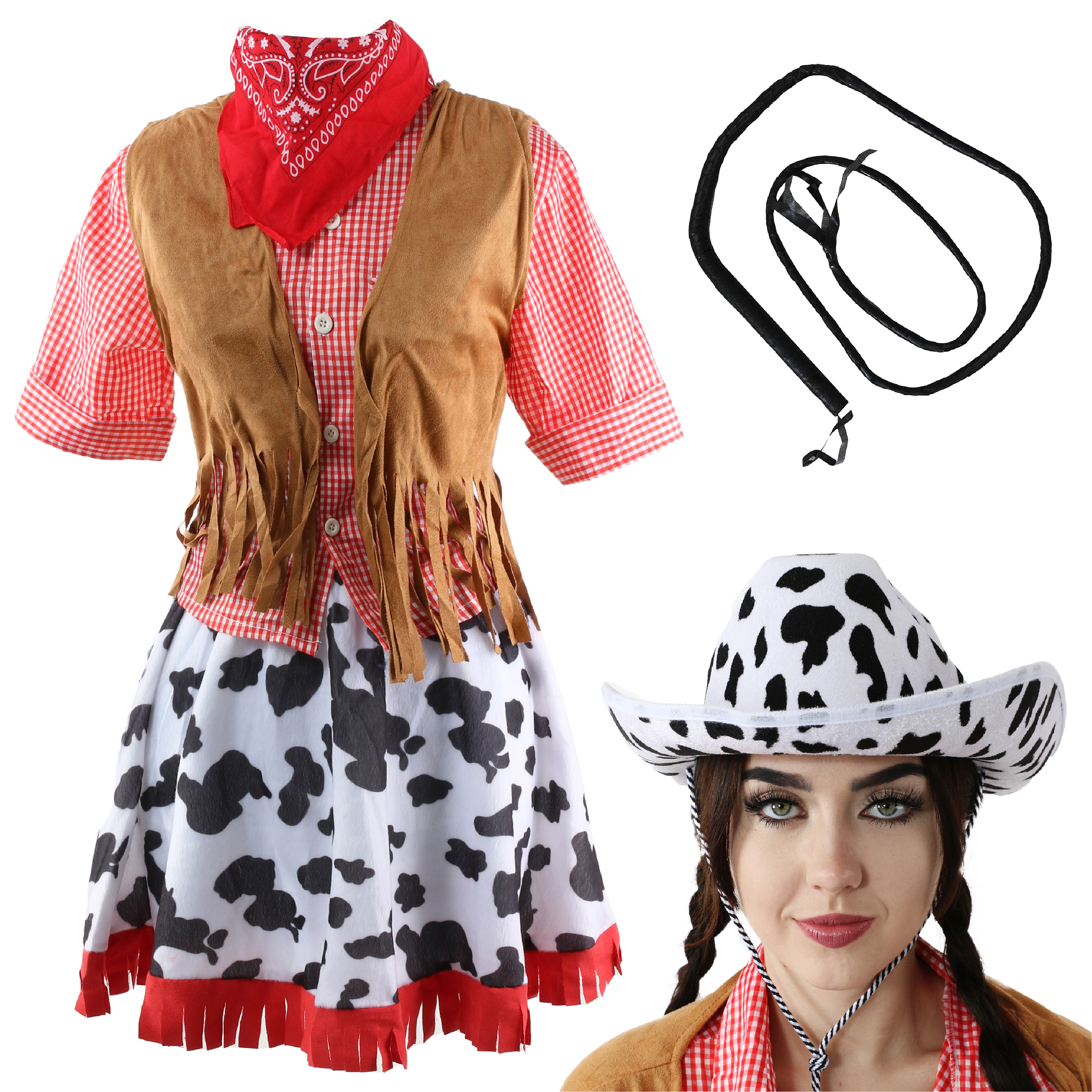 Adults Cowgirl Costume with Cow Print Cowboy Hat & Whip