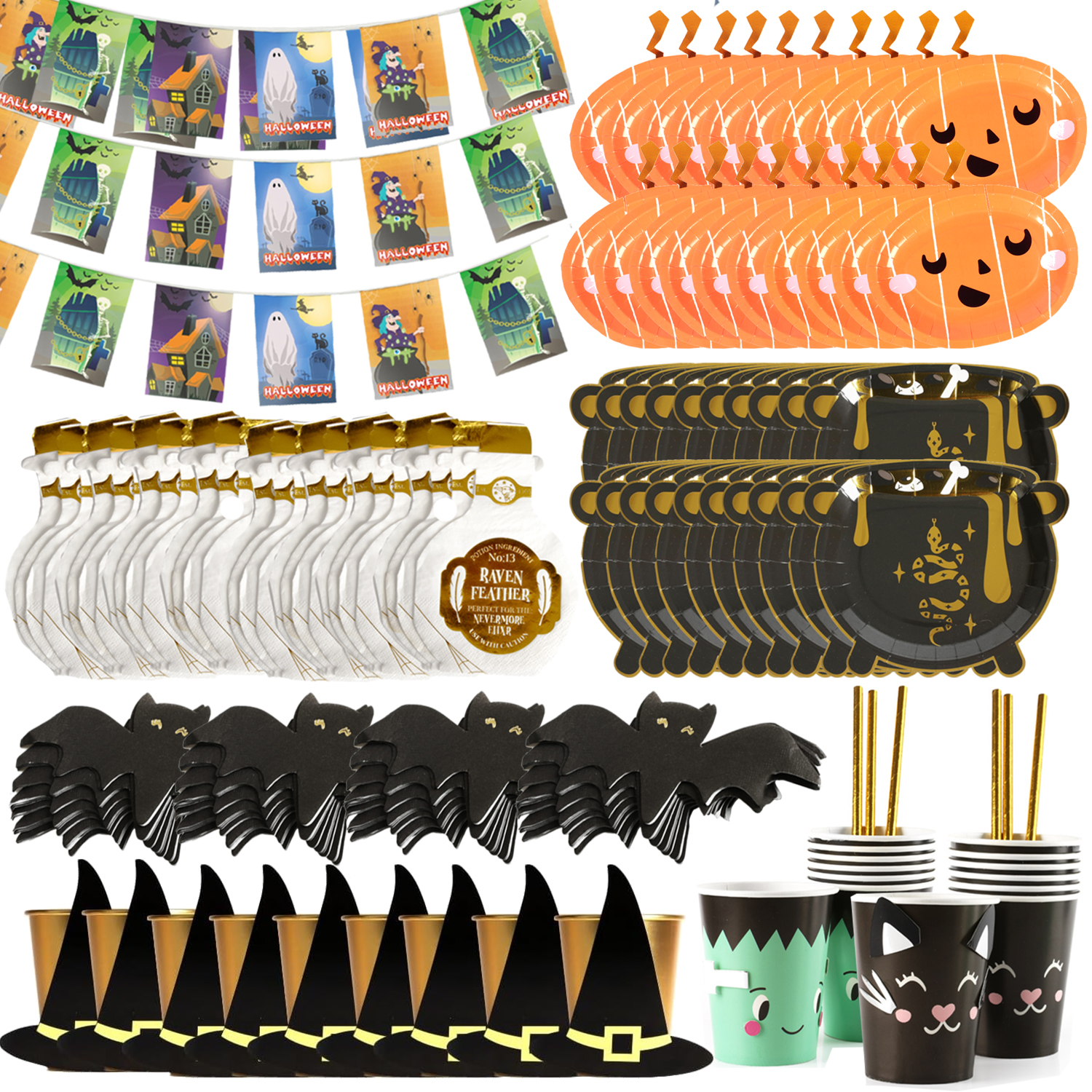 Halloween Party Tableware Set & Decorations Kit | All-in-One Spooky Party Supplies Bundle with Themed Pumpkin & Cauldron Plates, Bat & Potion Napkins, Cups, and Festive Bunting