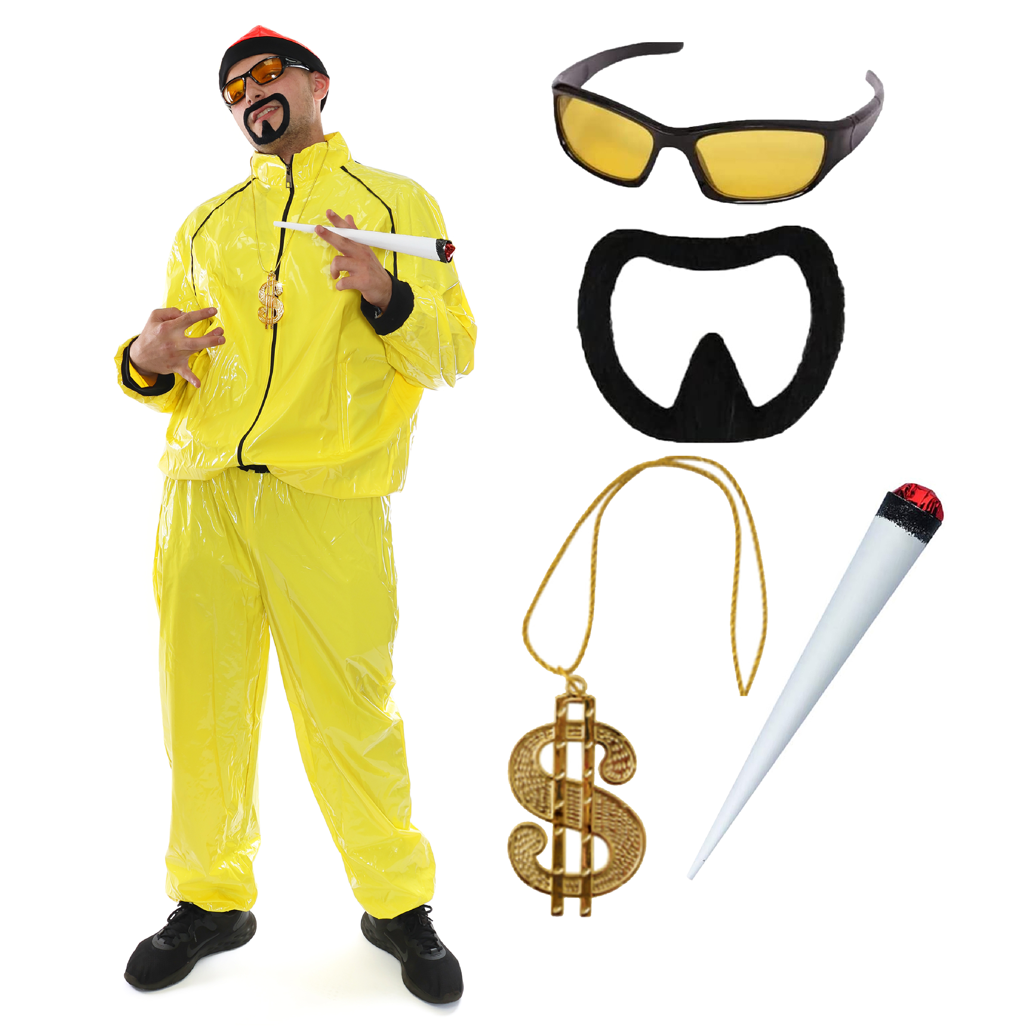 Adults Funny 90's Rapper Costume - Red Hat, Glasses, Goatee, Dollar Chain & Spliff
