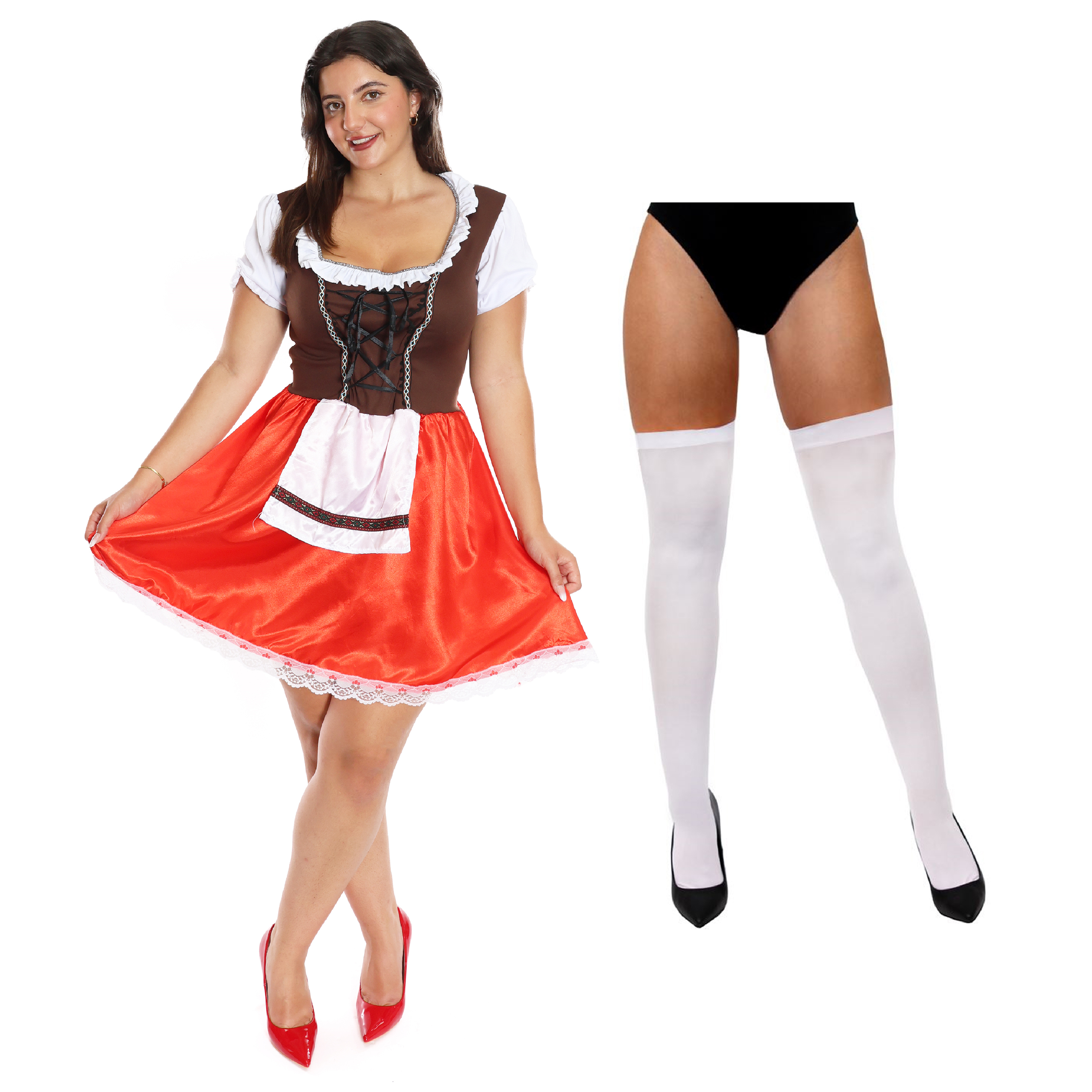 Ladies Red & Brown Bavarian Dress with Stockings