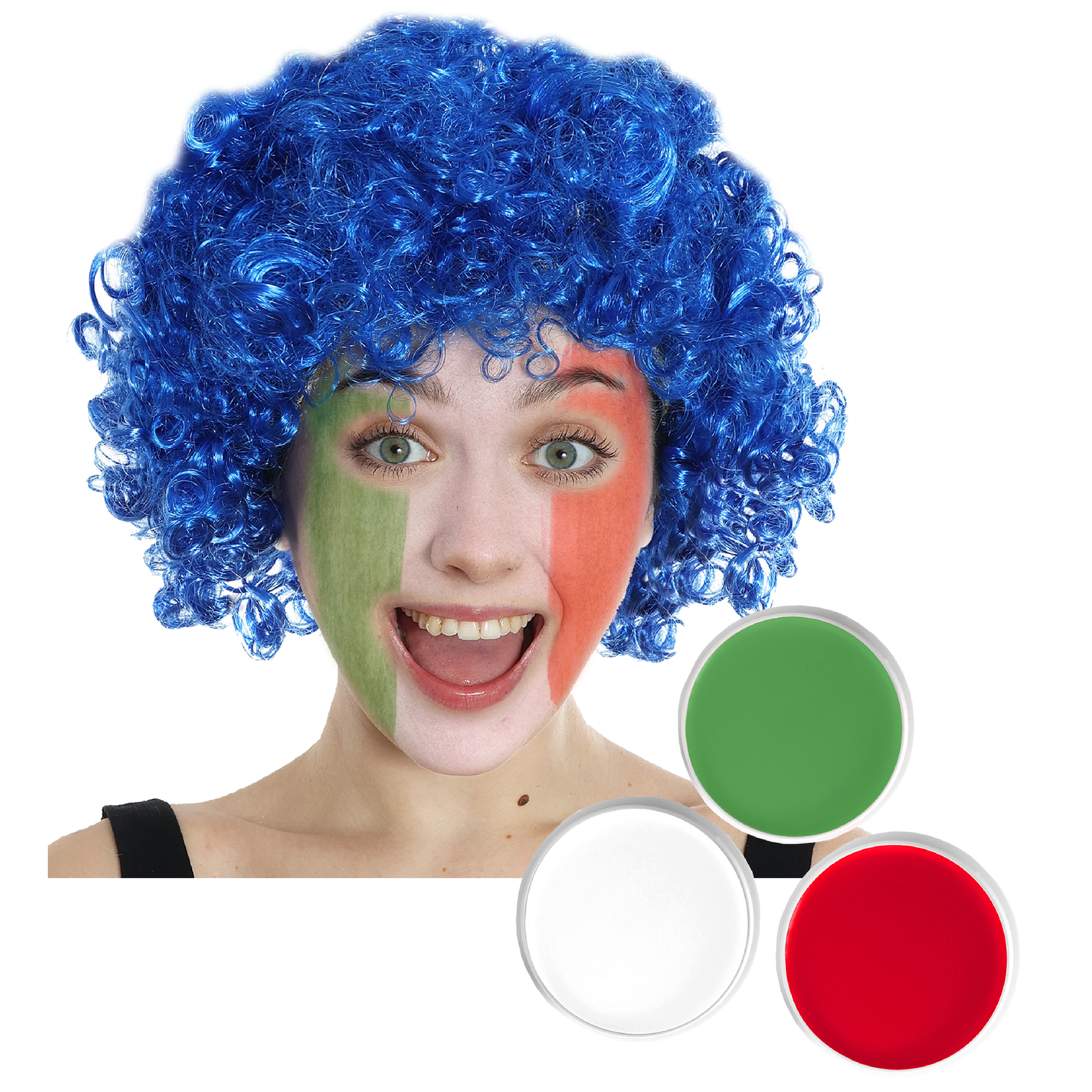 Italian Supporters Blue Afro Wig & Face Paint
