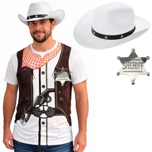 Adults Cowboy Costume | 3 Pcs | T-Shirt, White Cowboy Hat & Silver Badge