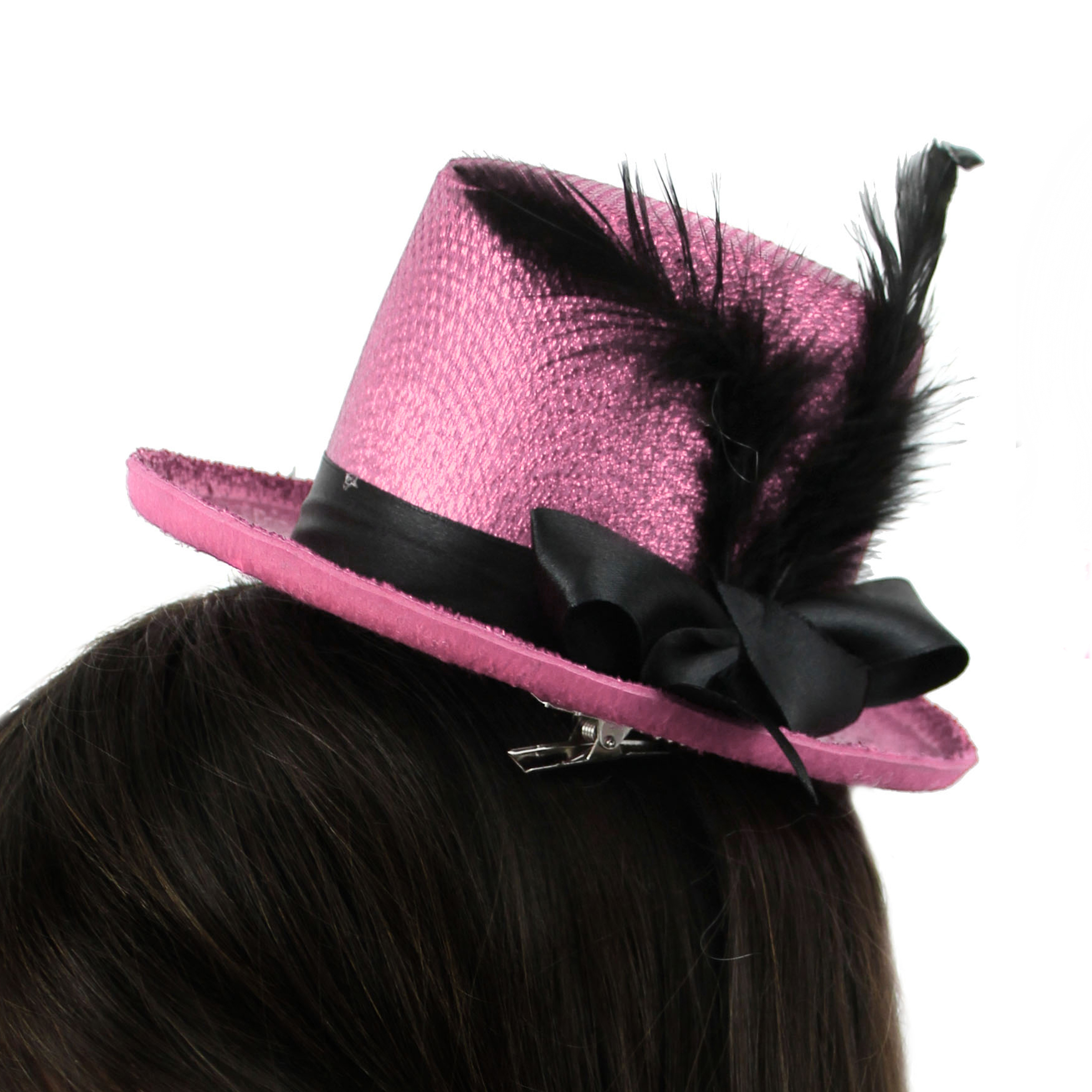 Pink Hen Party Fancy Dress Fascinator Hat – Glittery Mini Top Hat with Black Ribbon and Feather for Bridal and Party Events
