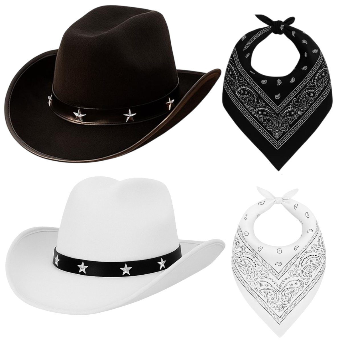 Adults Black & White Star Studded Cowboy Hats with Black & White Paisley Bandanas | Western Fancy Dress Accessory Set