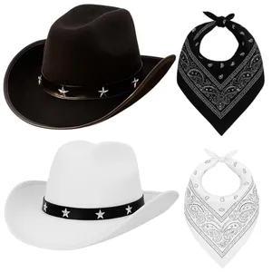 Adults Black & White Star Studded Cowboy Hats with Black & White Paisley Bandanas | Western Fancy Dress Accessory Set