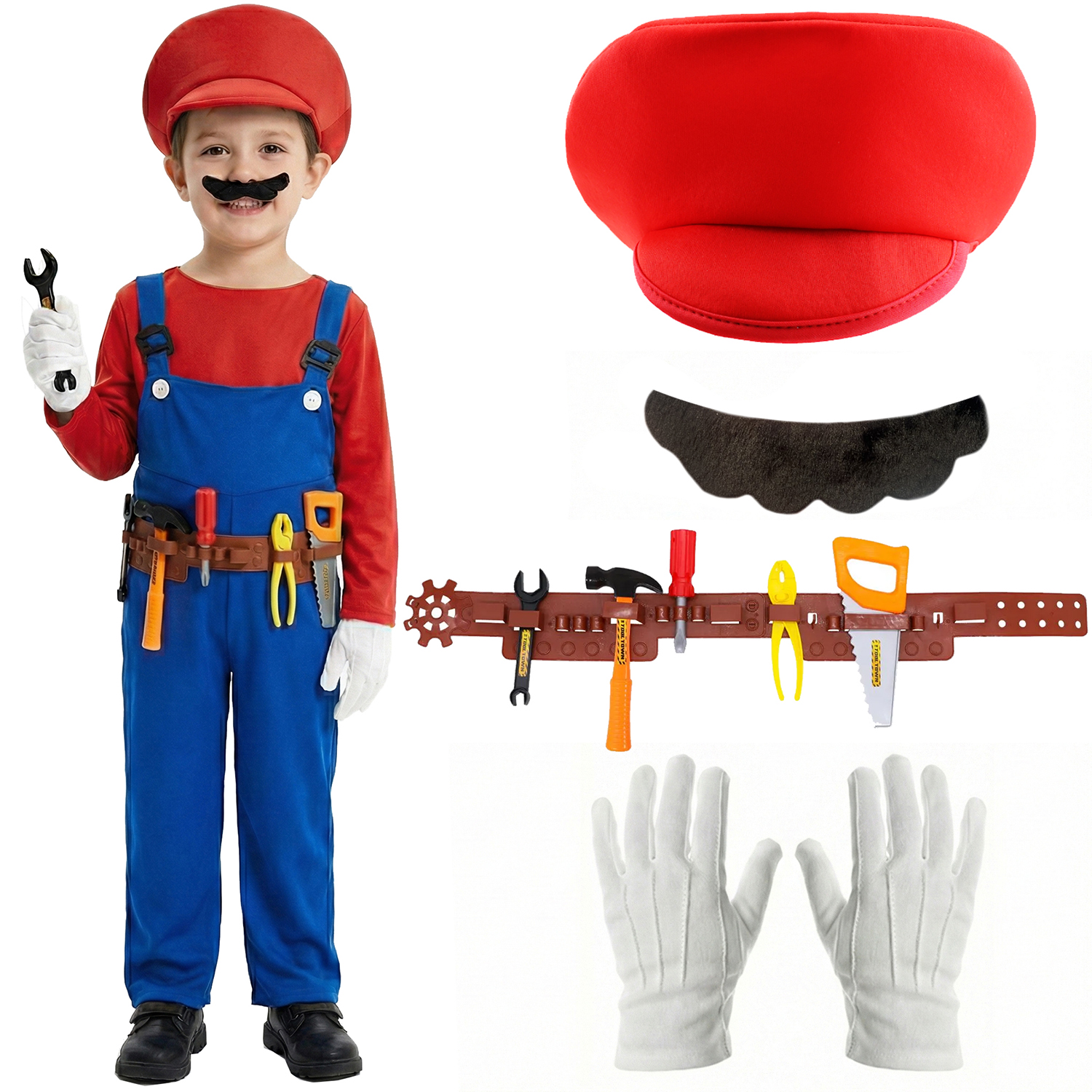 Kids Red Super Workman Costume | 6 Pcs | Dungarees, Top, Hat, Gloves, Tash & Tool Belt