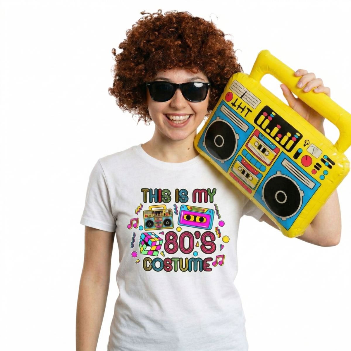 Adults 80’s Costume | 4 Pcs | White T-Shirt, Glasses, Inflatable Boombox & Brown Afro Wig