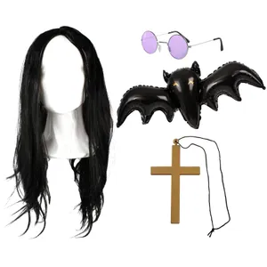 Prince of Darkness Accessory Set | 4 Pcs | Wig, Glasses, Cross Necklace & Bat Balloon