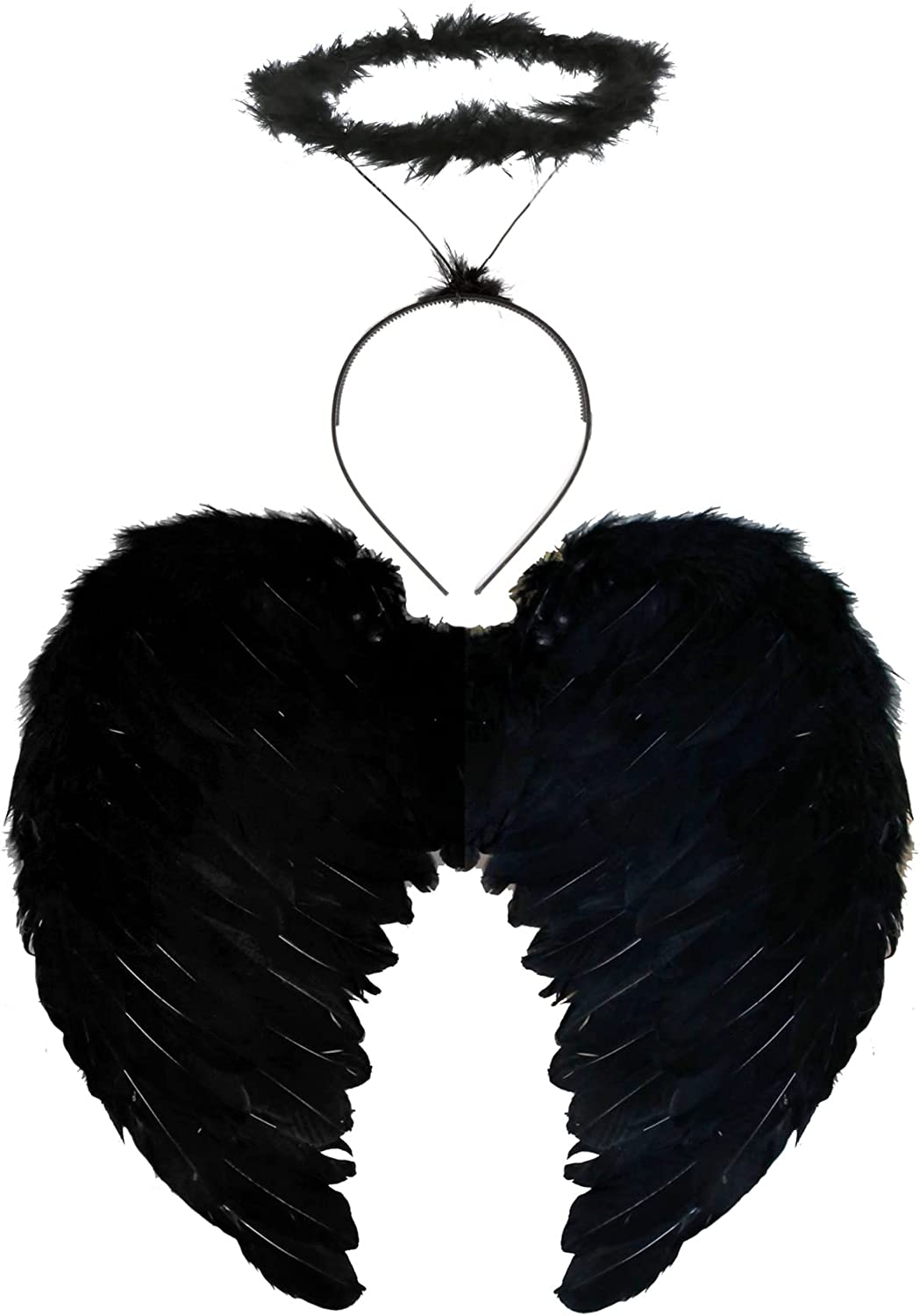 Ladies Dark Angel Costume Set - Black Feather Wings and Black Halo
