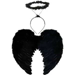 Ladies Dark Angel Costume Set - Black Feather Wings and Black Halo