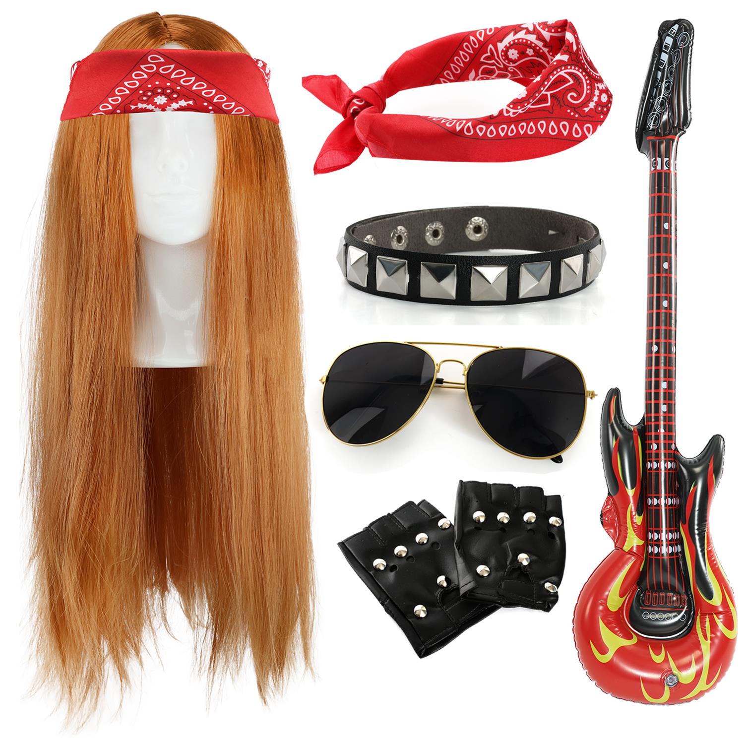Axl Rose Inspired Accessory Set | 6 Pcs | Ginger Wig, Red Paisley Bandana, Gloves, Inflatable Guitar, Glasses & Arm Band