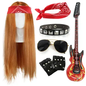 Axl Rose Inspired Accessory Set | 6 Pcs | Ginger Wig, Red Paisley Bandana, Gloves, Inflatable Guitar, Glasses & Arm Band