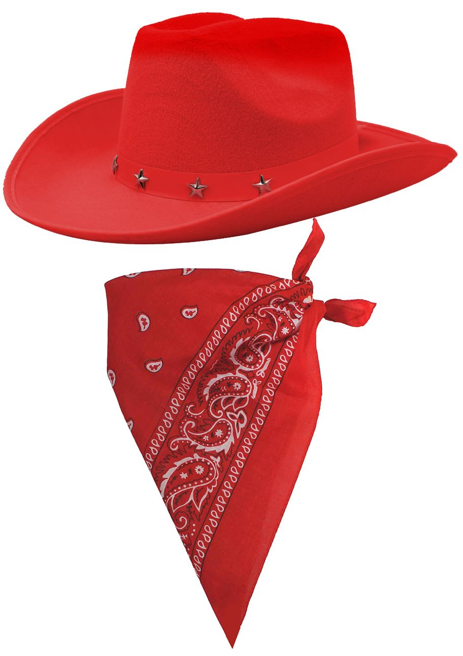 Red Star Studded Cowboy Hat & Paisley Red Bandana