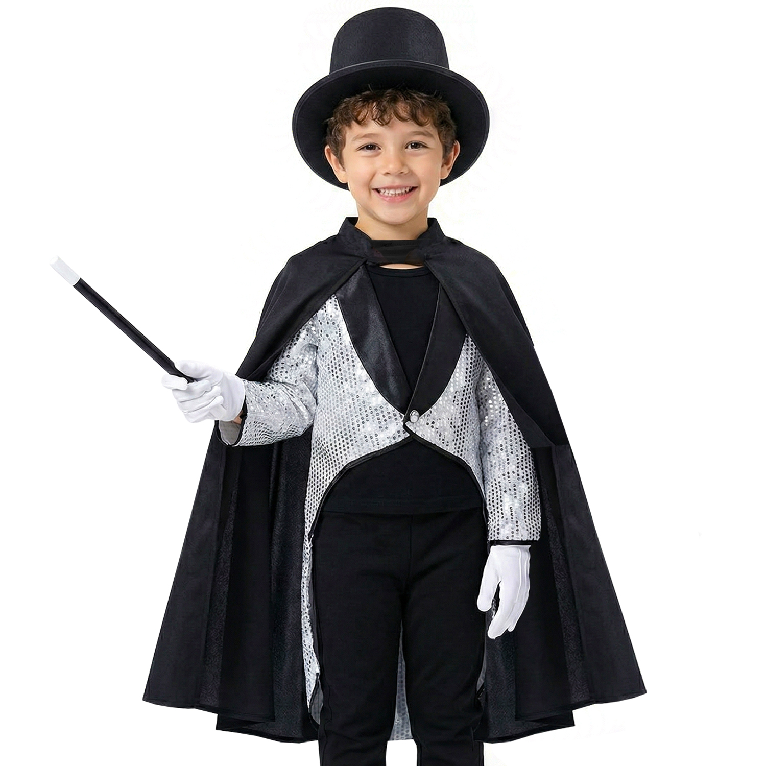 Kids Magician Costume | 5 Pcs | Silver Sequin Tailcoat, Cape, Hat, Gloves & Wand
