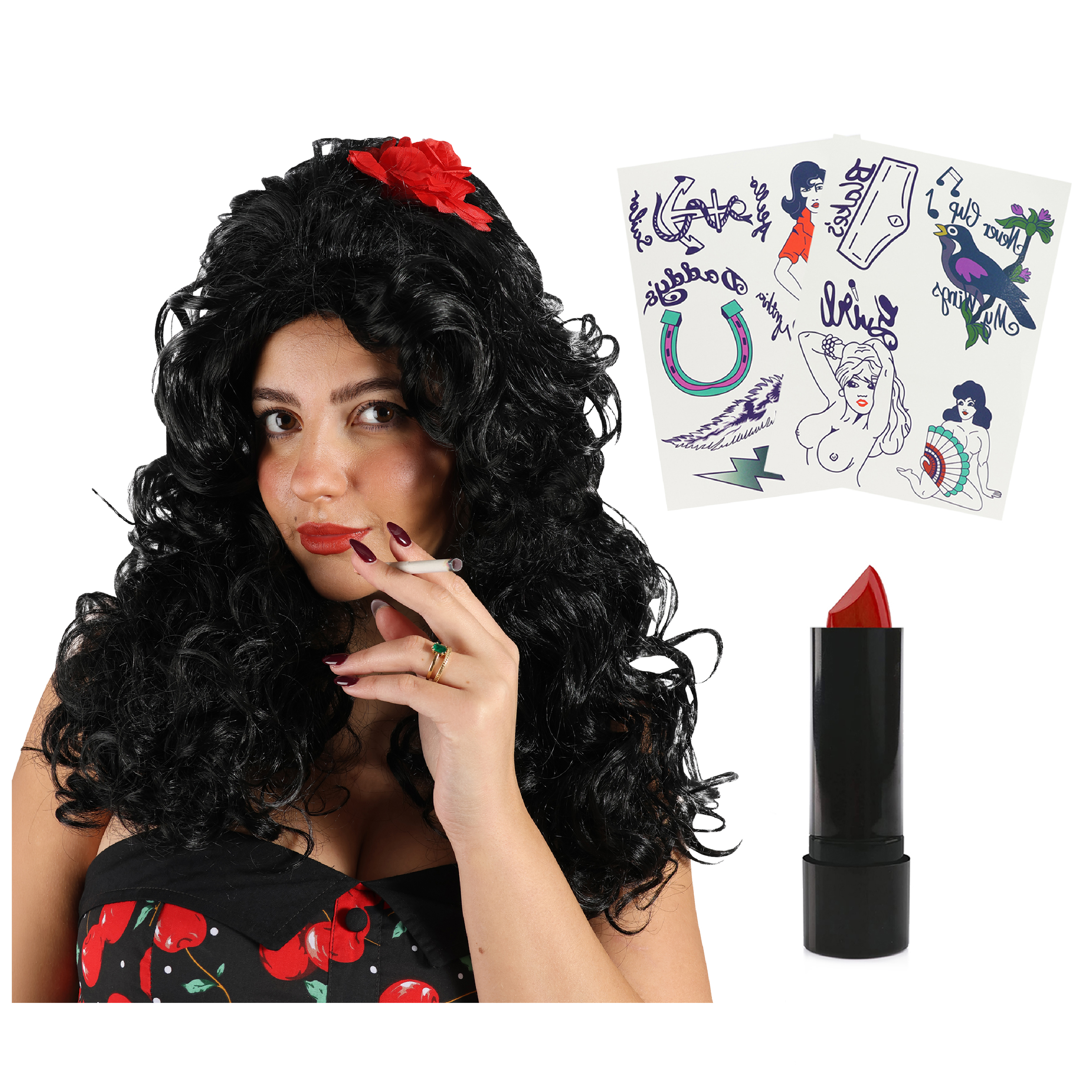 2000's Singer Accessory Set - Beehive Wig, Red Lipstick & Tattoos